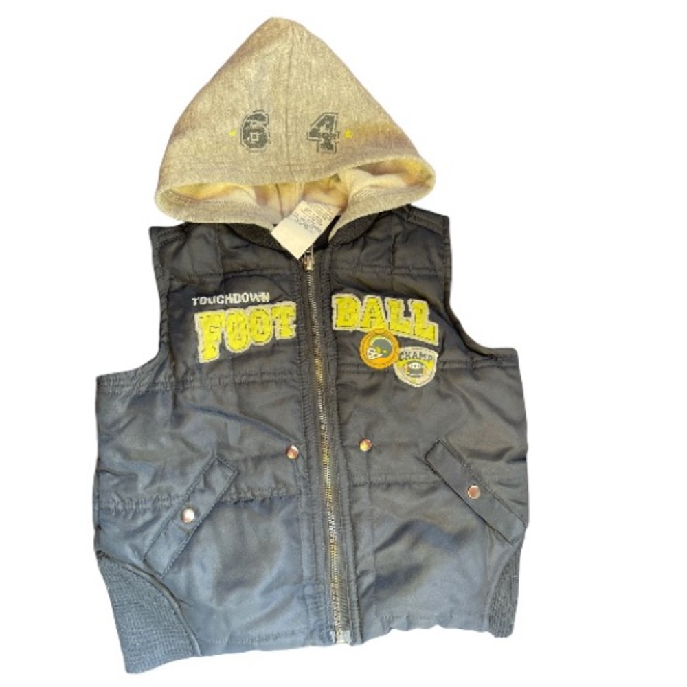 Baby Headquarters size 24M navy blue puffy vet, boys with football patches